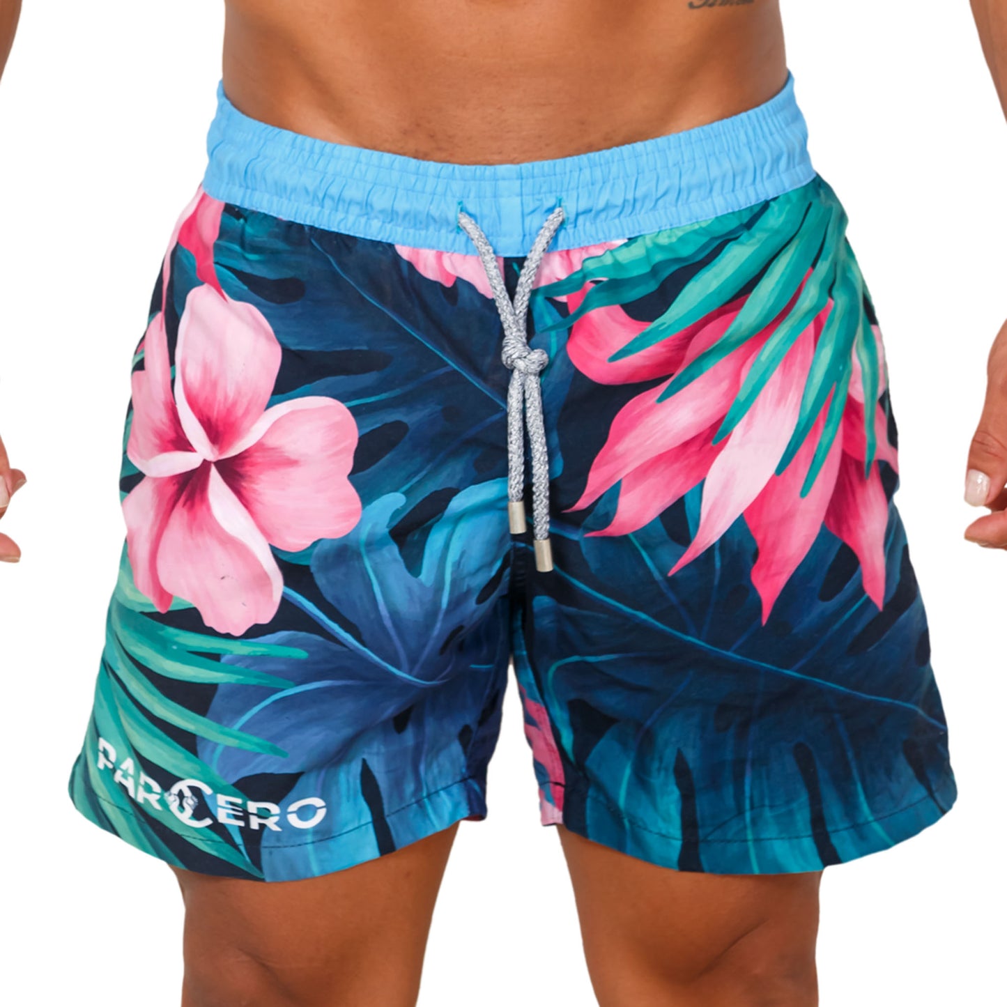 BADESHORTS FLORES AZULES MIT ROSA BLUMEN