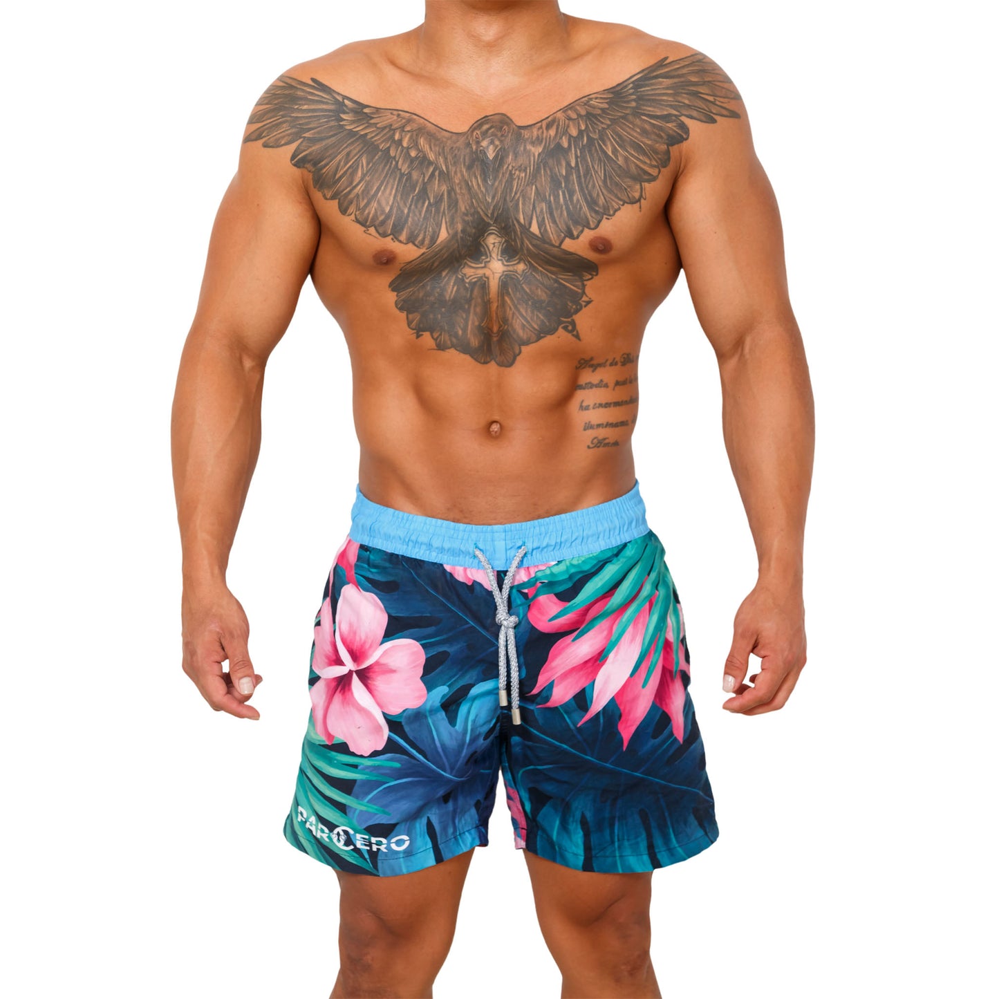 BADESHORTS FLORES AZULES MIT ROSA BLUMEN