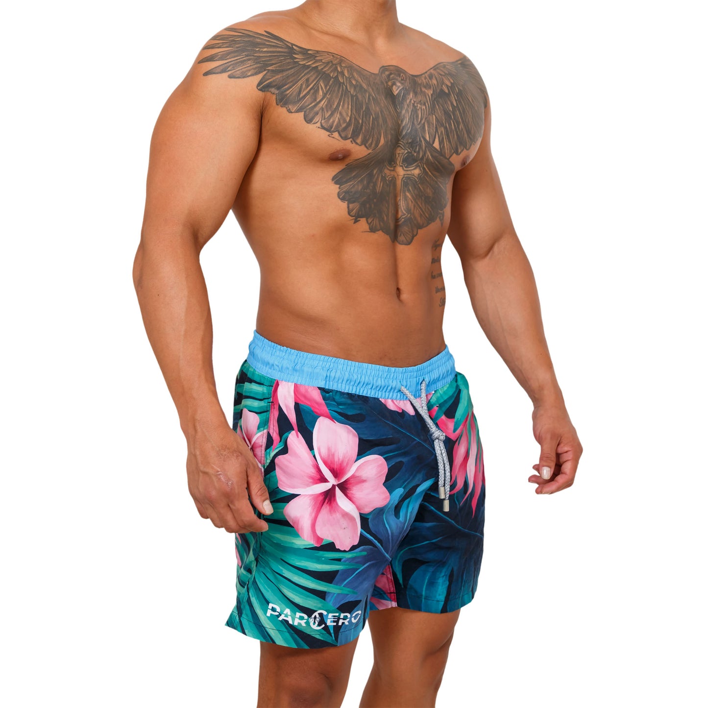 BADESHORTS FLORES AZULES MIT ROSA BLUMEN