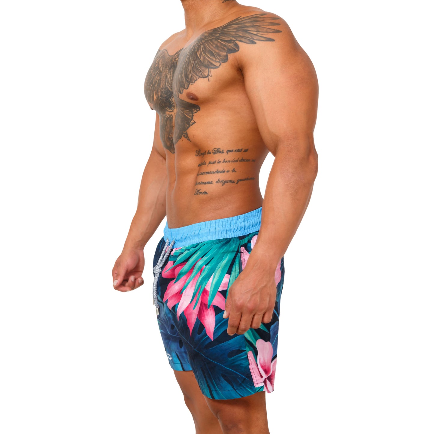 BADESHORTS FLORES AZULES MIT ROSA BLUMEN